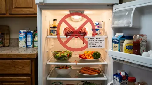 carne embalada na prateleira inferior da geladeira