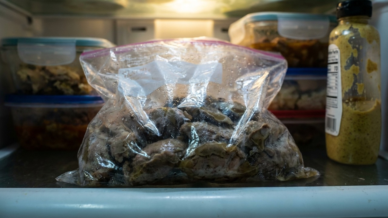 carne temperada crua embalada em saco plástico na geladeira