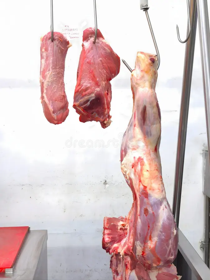 carne pendurada em gancho com filó