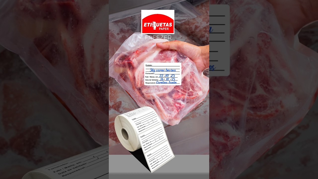 carne embalada em saco de congelamento etiquetado, pronta para freezer